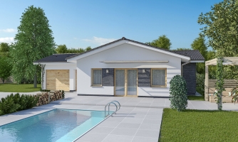 Bungalow with gable roofs.